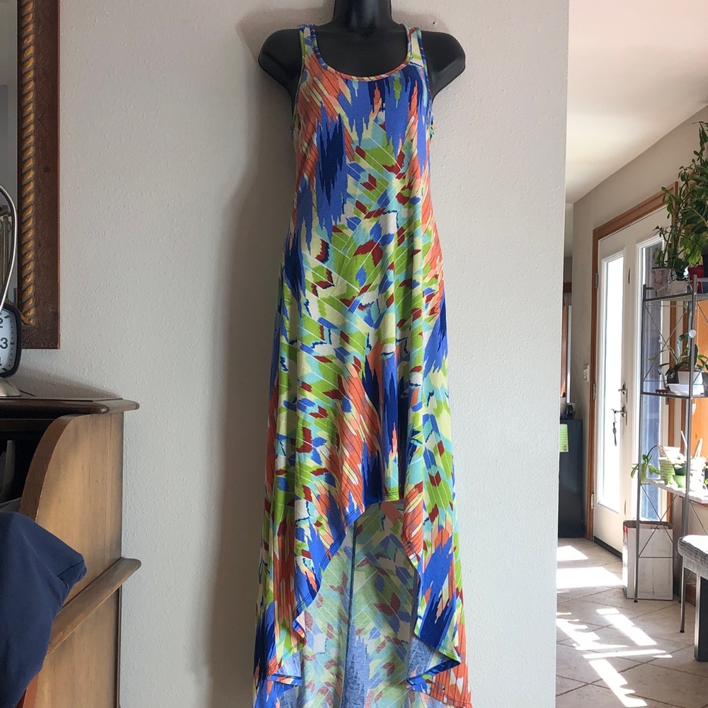 Vintage American Rag High-Low Maxi Dress in Blue, Green, Orange Size S